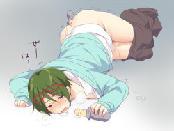 Rule 34 | 10s, 1boy, anal, anal object insertion, ass, blush, cardigan, clothes pull, crying, cum, cum on male, dildo, eyewear on head, food, glasses, gradient background, green hair, grey background, idolmaster, idolmaster side-m, lying, male focus, male penetrated, mo (nmnme), object insertion, on stomach, pants, pants pull, red-framed eyewear, saliva, sex toy, solo, tears, umaibou, wavy mouth, yamamura ken, yaoi
