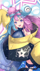 Rule 34 | 1girl, :d, absurdres, agenoumi, blue hair, breasts, character hair ornament, commentary request, creatures (company), game freak, grey pantyhose, grey shirt, hair ornament, highres, iono (pokemon), jacket, long hair, looking at viewer, nintendo, open mouth, pantyhose, pokemon, pokemon sv, purple eyes, purple hair, sharp teeth, shirt, single leg pantyhose, sleeveless, sleeveless shirt, smile, solo, star (symbol), star print, teeth, thigh strap, tongue, upper teeth only, yellow jacket