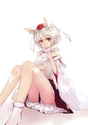 Rule 34 | 1girl, animal ears, bare shoulders, black skirt, breasts, dappled sunlight, detached sleeves, hat, highres, holding own tail, inubashiri momiji, knees together feet apart, knees up, looking at viewer, lumo 1121, medium breasts, pom pom (clothes), red eyes, shirt, short hair, simple background, sitting, skirt, smile, socks, solo, sunlight, tail, tokin hat, touhou, upskirt, white background, white hair, white shirt, white socks, wide sleeves, wolf ears