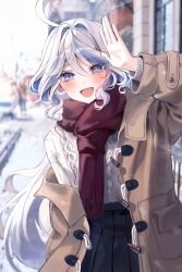 Rule 34 | 1girl, absurdres, ahoge, alternate costume, blue eyes, blue hair, blue skirt, casual, commentary, contemporary, dasha, furina (genshin impact), genshin impact, grey jacket, hair intakes, highres, jacket, long hair, miniskirt, multicolored hair, open clothes, open jacket, pleated skirt, purple scarf, scarf, skirt, solo, streaked hair, sweater, very long hair, white hair, white sweater