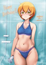 Rule 34 | 1girl, arm at side, arm behind back, artist name, bare arms, bare shoulders, blush, breasts, closed mouth, collarbone, colorized, commentary, commentary request, cowboy shot, english commentary, groin, hair between eyes, halterneck, highres, holding, holding shower head, hoshizora rin, indoors, looking at viewer, love live!, love live! school idol project, mixed-language commentary, navel, nose blush, orange hair, panties, satansoft1, shadow, shiny skin, short hair, shower (place), shower head, signature, skindentation, small breasts, smile, solo, sports bra, standing, steam, stomach, thigh gap, tile wall, tiles, underwear, underwear only, unsfrau, water drop, wet, wet clothes, wide hips, yellow eyes