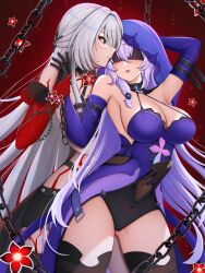 Rule 34 | 2girls, absurdres, acheron (honkai: star rail), arm up, black gloves, black swan (honkai: star rail), black thighhighs, blindfold, breasts, chain, cleavage, commentary, covered navel, dress, elbow gloves, gloves, hand up, highres, honkai: star rail, honkai (series), large breasts, long hair, multiple girls, official alternate color, purple dress, red eyes, smile, thighhighs, thighs, veil, very long hair, white hair, yukarise, yuri