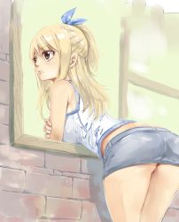 Rule 34 | 1girl, ass, bare arms, bare shoulders, blonde hair, breasts, curvy, fairy tail, female focus, from behind, hair between eyes, hip focus, large breasts, leaning forward, legs together, long hair, lucy heartfilia, mashima hiro, microskirt, midriff peek, official art, ponytail, ribbon, running bond, skirt, solo, window