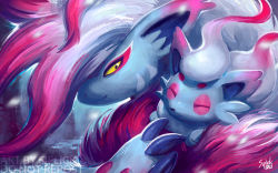 Rule 34 | alt text, claws, creatures (company), evolutionary line, game freak, hisuian zoroark, hisuian zorua, looking at viewer, multicolored hair, nintendo, no humans, pokemon, pokemon (creature), red hair, siplick, smile, snow, snowing, two-tone hair, upper body, white hair
