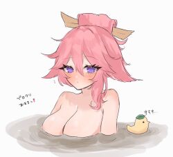 1girl blush breasts cleavage closed_mouth commentary_request genshin_impact hair_between_eyes hair_ornament hair_stick large_breasts leaf looking_at_viewer nude nyamo-lv0 partially_submerged pink_hair purple_eyes ripples rubber_duck solo translation_request water white_background yae_miko