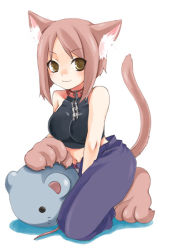 Rule 34 | 1girl, animal ears, brown eyes, brown hair, cat ears, cat tail, collar, kubyou azami, leash, midriff, mouse (animal), original, smile, solo, tail