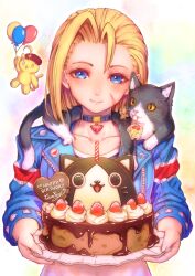 Rule 34 | 1girl, animal, animal on shoulder, balloon, blonde hair, blue eyes, blunt ends, blush, cake, cammy white, candle, cat, cat on shoulder, charm (object), choker, cropped jacket, facial scar, food, fruit, happy birthday, highres, holding, holding plate, kodue55, plate, scar, scar on cheek, scar on face, short hair, smile, solo, strawberry, street fighter