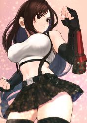 Rule 34 | 1girl, belt, belt buckle, black gloves, black skirt, black thighhighs, breasts, brown hair, buckle, clenched hands, closed mouth, commentary request, cowboy shot, elbow pads, final fantasy, final fantasy vii, fingerless gloves, gloves, highres, izawa (bhive003), large breasts, long hair, looking away, low-tied long hair, midriff, navel, red eyes, serious, shirt, skindentation, skirt, suspender skirt, suspenders, suspenders gap, tank top, taut clothes, taut shirt, thick thighs, thighhighs, thighs, tifa lockhart, white shirt, white tank top, zettai ryouiki