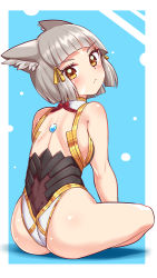 Rule 34 | 1girl, animal ears, ass, bare shoulders, blunt bangs, blush, breasts, cat ears, cougar (cougar1404), from behind, leotard, looking at viewer, looking back, nia (xenoblade), shiny clothes, shiny skin, short hair, sideboob, silver hair, solo, thighhighs, wedgie, xenoblade chronicles (series), xenoblade chronicles 2