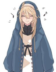 Rule 34 | 1boy, androgyne symbol, blonde hair, blush, bridget (guilty gear), closed eyes, eighth note, execneet, guilty gear, guilty gear strive, habit, hood, hood up, hooded jacket, hoodie, jacket, looking at viewer, male focus, medium hair, musical note, open clothes, open hoodie, quarter note, simple background, smile, solo, trap, upper body, white background