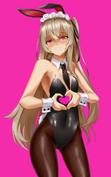 Rule 34 | 1girl, absurdres, animal ears, bare arms, bare shoulders, black bow, black bowtie, black leotard, blonde hair, blush, bow, bowtie, breasts, brown hair, brown pantyhose, cameltoe, commentary, covered navel, crossed bangs, detached collar, dot nose, english commentary, fake animal ears, fake tail, fishnet pantyhose, fishnets, forehead, frills, girls&#039; frontline, grin, hair between eyes, heart, heart-shaped pupils, heart hands, highleg, highleg leotard, highres, hoppo, legs apart, leotard, long hair, looking at viewer, one side up, pantyhose, pink background, rabbit tail, shadow, simple background, small breasts, smile, solo, strapless, strapless leotard, symbol-shaped pupils, tail, tsundere, ump45 (girls&#039; frontline), wrist cuffs, yellow eyes