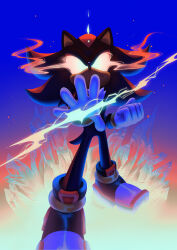 Rule 34 | 1boy, absurdres, animal ears, black fur, blue background, body fur, clenched hand, closed mouth, crystal, furry, gloves, glowing, glowing eyes, grabbing, gradient background, highres, lightning, no pupils, outstretched arm, shadow the hedgehog, smoke, sonic (series), spacecolonie, standing, tail, white gloves