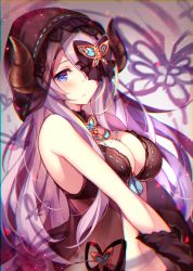 Rule 34 | 1girl, armpits, babydoll, bad id, bad pixiv id, bare arms, bare shoulders, black gloves, blue eyes, blue ribbon, blush, breasts, butterfly hair ornament, chromatic aberration, cleavage, closed mouth, gloves, granblue fantasy, groin, hair ornament, hair over one eye, hair ribbon, highres, homaderi, hood, horns, large breasts, light purple hair, lingerie, long hair, looking at viewer, narmaya (granblue fantasy), narmaya (the black butterfly) (granblue fantasy), navel, panties, ribbon, ribbon trim, see-through, side-tie panties, solo, stomach, underwear, upper body
