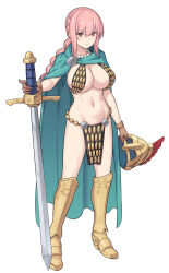 Rule 34 | 1girl, armor, armored boots, bikini armor, blush, boots, braid, braided ponytail, breasts, brown eyes, brown gloves, cape, cleavage, french braid, full body, gloves, green cape, helmet, jewelry, knee boots, large breasts, long hair, looking at viewer, navel, necklace, one piece, pearl necklace, pelvic curtain, pink hair, rebecca (one piece), shiseki hirame, sidelocks, solo, sword, unworn headwear, unworn helmet, weapon, white background