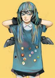 Rule 34 | 1girl, absurdres, arms up, badge, blue eyes, blue hair, button badge, collared shirt, crooked eyewear, glasses, gloves, hands in hair, hands on own head, highres, junjunforever, long hair, mechanical wings, mole, mole under mouth, multicolored hair, original, shirt, short sleeves, skirt, solo, wings, yellow background