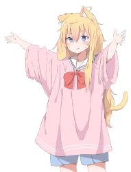 Rule 34 | 1girl, ahoge, animal ears, arms up, blonde hair, blue eyes, blush, cat ears, cat girl, cat tail, closed mouth, collarbone, commentary, cowboy shot, gabriel dropout, gabriel tenma white, hair between eyes, kemonomimi mode, long hair, long sleeves, looking afar, loose clothes, loose shirt, messy hair, neckerchief, oversized clothes, pink shirt, piyomi, red neckerchief, sailor collar, school uniform, shirt, sidelocks, simple background, solo, standing, sweatdrop, tail, very long hair, wavy hair, white background