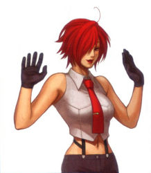Rule 34 | 1girl, gloves, lipstick, makeup, mature female, navel, necktie, red hair, short hair, snk, solo, suspenders, the king of fighters, vanessa (kof)