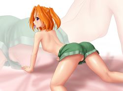 Rule 34 | 1girl, clothing aside, condom, condom in mouth, from police to kids, iichan.ru, mouth hold, mvd-tan, no panties, purple eyes, pussy, pussy peek, red hair, shorts, shorts aside, solo, upshorts