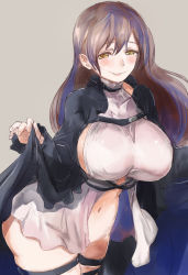 Rule 34 | 1girl, adapted costume, alternate costume, belt, blush, breasts, brown eyes, brown hair, cape lift, clothes lift, dress, dress lift, female focus, grey background, hijiri byakuren, large breasts, lifted by self, looking at viewer, multicolored hair, navel, no bra, no panties, revealing clothes, sideboob, simple background, smile, solo, streaked hair, touhou, yohane
