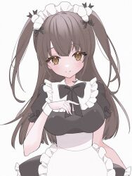 Rule 34 | 1girl, alternate costume, apron, black bow, black bowtie, black dress, blush, bow, bowtie, breasts, brown hair, dress, enmaided, frilled apron, frills, hair between eyes, hand on own chest, head tilt, highres, idoly pride, large breasts, long bangs, long hair, looking at viewer, maid, maid headdress, puffy short sleeves, puffy sleeves, raised eyebrows, short sleeves, simple background, solo, straight-on, suzumura yuu, two side up, upper body, white apron, white background, white wrist cuffs, wrist cuffs, xx ly xo, yellow eyes