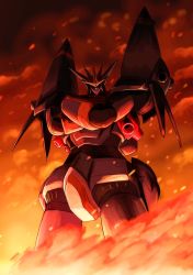 Rule 34 | crossed arms, explosion, gunbuster, gunbuster pose, highres, looking at viewer, mecha, niiyan, no humans, one-eyed, purple eyes, robot, science fiction, solo, super robot, top wo nerae!