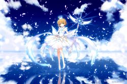 Rule 34 | 1girl, ahoge, arm at side, bare legs, blue sky, cardcaptor sakura, closed mouth, cloud, crown, day, dress, feathered wings, full body, gloves, green eyes, haruki (colorful macaron), high heels, highres, holding, holding wand, kinomoto sakura, light, looking at viewer, orange hair, petals, reflection, ripples, see-through, short hair, sky, sleeveless, sleeveless dress, smile, solo, standing, standing on liquid, star (symbol), twitter username, wand, water, white dress, white footwear, white gloves, white wings, wings