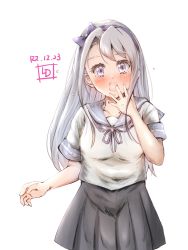 Rule 34 | 1girl, artist logo, asymmetrical bangs, commentary request, dated, grey ribbon, grey sailor collar, grey skirt, hairband, highres, kantai collection, ld (luna dial398), long hair, looking at viewer, one-hour drawing challenge, pleated skirt, purple eyes, purple hairband, sagiri (kancolle), sailor collar, school uniform, serafuku, short sleeves, silver hair, skirt, solo, swept bangs, white background