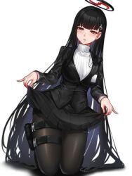Rule 34 | 1girl, absurdres, black hair, black pantyhose, blazer, blue archive, blush, breasts, clothes lift, hair ornament, hairclip, halo, highres, holster, jacket, kibellin, kneeling, large breasts, lifted by self, long hair, looking at viewer, pantyhose, red eyes, rio (blue archive), skirt, skirt lift, solo, sweater, thigh holster, thigh strap, turtleneck, turtleneck sweater, very long hair