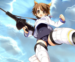 Rule 34 | 1girl, animal ears, blush, brown eyes, brown hair, cameltoe, cloud, day, drum magazine, female focus, flying, gun, looking down, machine gun, magazine (weapon), miyafuji yoshika, no pants, one-piece swimsuit, open mouth, outdoors, sailor collar, school swimsuit, short hair, sky, smile, solo, sora to umi, strike witches, striker unit, swimsuit, swimsuit under clothes, weapon, world witches series