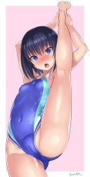 Rule 34 | 1girl, barefoot, black hair, blue eyes, blush, bosshi, breasts, cameltoe, cleft of venus, commentary request, competition swimsuit, covered erect nipples, covered navel, highres, himenogi rinze, kneepits, love r, one-piece swimsuit, open mouth, pink background, small breasts, solo, split, standing, standing on one leg, standing split, swimsuit, two-tone background, white background