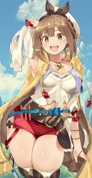 Rule 34 | 1girl, armpits, atelier (series), atelier ryza, atelier ryza 1, bare shoulders, belt, beret, black ribbon, blue belt, blush, breasts, brown belt, brown eyes, brown hair, cleavage, drawstring, flask, hair ornament, hairclip, hat, highres, jacket, jewelry, large breasts, leather belt, looking at viewer, navel, necklace, open clothes, open jacket, open mouth, red shorts, reisalin stout, ribbon, round-bottom flask, short hair, short shorts, shorts, sia namsbinpeni, sleeveless, sleeveless jacket, smile, solo, star (symbol), star necklace, test tube, thighs, vial, white hat, yellow jacket