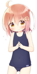 Rule 34 | 1girl, ahoge, ayanepuna, bare arms, bare shoulders, blush, brown eyes, brown hair, closed mouth, collarbone, commentary request, cowboy shot, flying sweatdrops, gluteal fold, hair between eyes, hair ornament, hair ribbon, hairclip, highres, interlocked fingers, old school swimsuit, one-piece swimsuit, one side up, original, own hands together, ribbon, school swimsuit, simple background, solo, sweat, swimsuit, wavy mouth, white background, white ribbon, yune (ayanepuna)