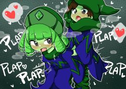 Rule 34 | 1boy, 1girl, absurdres, arm held back, bent over, black hair, blue cloak, blush, chasocha, cloak, clothed sex, colored skin, dark acolyte (shovel knight), green hair, green pants, green skin, hat, heart, hetero, highres, hood, hood up, looking back, missy (shovel knight), open mouth, outline, pants, sex, sex from behind, shovel knight, spoken heart, standing, standing sex, white outline, yacht club games