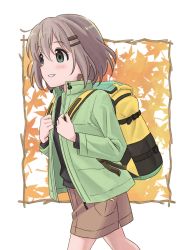 Rule 34 | 1girl, autumn leaves, backpack, bag, black shirt, brown hair, brown skirt, commentary request, decocharaseal, green eyes, green jacket, hair ornament, hairclip, hands on own chest, highres, jacket, outdoors, shirt, short hair, skirt, smile, solo, walking, yama no susume, yukimura aoi
