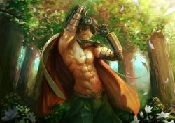 Rule 34 | 1boy, abs, arm up, armpits, bare pectorals, brown eyes, brown hair, bush, cape, closed mouth, commentary, cowboy shot, day, facial mark, flower, forest, green pants, helmet, highres, made in abyss, male focus, mechanical arms, nature, navel, nipples, aged up, outdoors, pants, pectorals, petals, profile, realistic, red cape, regu (made in abyss), topless male, short hair, solo, standing, tree, yan mei