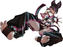 1girl baggy_pants black_hair bokkusu bracelet breasts commentary feet fingerless_gloves gloves hair_horns han_juri heterochromia jewelry pants soles solo spiked_anklet spiked_bracelet spikes street_fighter street_fighter_6 toeless_footwear white_background