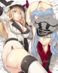 Rule 34 | 2girls, akame ga kill!, all fours, ass, bismarck (kancolle), black panties, blonde hair, blue eyes, blue hair, boots, breasts, cleavage, cosplay, costume switch, crossover, detached sleeves, esdeath, grey legwear, hat, hews, highres, kantai collection, large breasts, look-alike, multiple girls, panties, peaked cap, thigh boots, thighhighs, thong, topless, underwear, white legwear