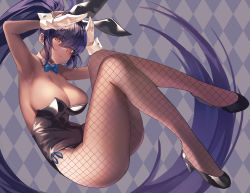 Rule 34 | 1girl, absurdres, amano hagoromo, animal ears, armpits, bare arms, bare shoulders, black footwear, black leotard, blue archive, blue bow, blue bowtie, bow, bowtie, breasts, cleavage, closed mouth, collar, dark-skinned female, dark skin, detached collar, fake animal ears, fishnet pantyhose, fishnets, full body, gloves, hair between eyes, high heels, highleg, highleg leotard, highres, karin (blue archive), karin (bunny) (blue archive), large breasts, legs, leotard, long hair, looking at viewer, pantyhose, playboy bunny, ponytail, purple hair, rabbit ears, rabbit pose, sidelocks, solo, strapless, strapless leotard, very long hair, white collar, white gloves, wrist cuffs, yellow eyes