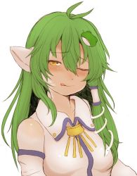 Rule 34 | 1girl, animal ears, bare shoulders, blush, breasts, frog hair ornament, green hair, hair ornament, hawthorn, kochiya sanae, long hair, looking at viewer, one eye closed, simple background, small breasts, solo, tongue, tongue out, touhou, upper body, white background, yellow eyes