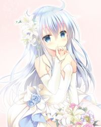 Rule 34 | 1girl, ahoge, bare shoulders, blue eyes, blue flower, blue hair, blue rose, blush, breasts, collarbone, commentary request, copyright request, detached sleeves, dress, flower, hair between eyes, hair flower, hair ornament, hand up, jewelry, long hair, long sleeves, pink flower, pink rose, purple flower, ring, rose, shirogane hina, sleeves past wrists, small breasts, solo, strapless, strapless dress, very long hair, wedding band, wedding dress, white dress, white flower, white sleeves