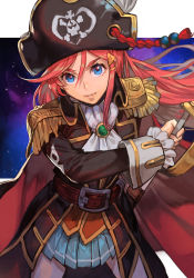 Rule 34 | 1girl, belt, belt buckle, blue eyes, buckle, cape, drawing sword, epaulettes, female focus, hat, holding, holding sword, holding weapon, hungry clicker, katou marika, looking at viewer, miniskirt pirates, pirate costume, pirate hat, pleated skirt, red hair, skirt, solo, space, sword, weapon