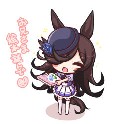 Rule 34 | 1girl, :d, animal ears, black hair, black hat, blouse, blue flower, blue rose, blue shirt, blush stickers, book, chibi, closed eyes, colored shadow, commentary request, flower, full body, hair over one eye, hat, hat flower, highres, holding, holding book, horse ears, horse girl, horse tail, komakoma (magicaltale), long hair, no shoes, open mouth, outstretched arms, pleated skirt, puffy short sleeves, puffy sleeves, purple shirt, rice shower (umamusume), rose, school uniform, shadow, shirt, short sleeves, skirt, smile, solo, sparkle, standing, tail, thighhighs, tilted headwear, tracen school uniform, translation request, umamusume, very long hair, white background, white skirt, white thighhighs