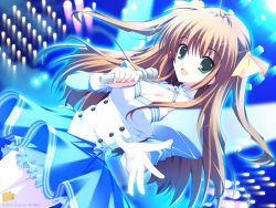 Rule 34 | 1girl, :d, blue dress, blush, breasts, brown hair, buttons, double-breasted, dress, dutch angle, fang, green eyes, highres, juliet sleeves, lights, long hair, long sleeves, looking at viewer, microphone, mikeou, open mouth, puffy long sleeves, puffy sleeves, smile, solo