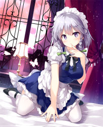 Rule 34 | 1girl, apron, bed, black footwear, black ribbon, blue dress, blush, bow, braid, breasts, bug, butterfly, commentary request, curtains, dress, dutch angle, finger to mouth, green bow, hair bow, hand up, head tilt, indoors, insect, izayoi sakuya, lamp, large breasts, light particles, looking at viewer, maid, maid apron, maid headdress, mary janes, miyase mahiro, moon, neck ribbon, parted lips, petticoat, puffy short sleeves, puffy sleeves, purple eyes, red moon, ribbon, shoes, short dress, short sleeves, silver hair, sitting, solo, thighhighs, thighs, touhou, twin braids, waist apron, wariza, white apron, white thighhighs, window