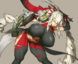 Rule 34 | 1girl, :o, arm up, armor, black pantyhose, black shirt, breasts, brown background, commentary request, detached sleeves, gloves, grey hair, hair between eyes, hair ornament, holding, holding weapon, huge breasts, impossible clothes, long hair, looking at viewer, melon22, muscular, muscular female, original, pantyhose, red gloves, red pantyhose, shiny clothes, shirt, shoulder armor, sidelocks, simple background, sleeveless, sleeveless shirt, solo, spikes, standing, tsurime, twintails, v-shaped eyebrows, very long hair, weapon, yellow eyes