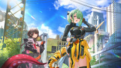 Rule 34 | 2girls, absurdres, ahoge, bikini, bikini top only, black bikini, black shirt, blue sky, breasts, brown hair, building, cable, cityscape, clothes around waist, cowboy shot, day, de lacey (neural cloud), diving suit, dry suit, earrings, expressionless, girls&#039; frontline, girls&#039; frontline neural cloud, gloves, green hair, hair between eyes, hand on own hip, hatsuchiri (neural cloud), highres, jacket, jacket around waist, jewelry, lan liyu renzi, large breasts, looking at viewer, mechanical tail, mole, mole under eye, mole under mouth, multiple girls, navel, open mouth, outdoors, purple eyes, red eyes, shirt, short hair, shorts, sky, smile, swimsuit, tail, tentacles, yellow jacket