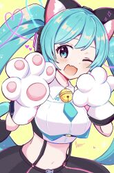Rule 34 | 1girl, :d, adapted costume, animal ear headphones, animal ears, animal hands, aoiyui, bell, black skirt, blue eyes, blue hair, blue necktie, blush, breasts, cat ear headphones, collared shirt, cowboy shot, cropped shirt, dot nose, fake animal ears, gloves, hatsune miku, headphones, headset, highres, large breasts, looking at viewer, magical mirai miku, magical mirai miku (2016), navel, neck bell, necktie, one eye closed, open mouth, paw gloves, shirt, sidelocks, signature, skirt, smile, solo, stomach, suspender skirt, suspenders, twintails, vocaloid, white gloves, white shirt, yellow background