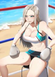 Rule 34 | 1girl, absurdres, bare arms, bare legs, bare shoulders, beach, black panties, blue eyes, boxing gloves, breasts, character request, cleavage, clenched teeth, commission, copyright request, crop top, feet out of frame, grey hair, groin, half auto, highres, large breasts, long hair, midriff, navel, ocean, panties, pencil skirt, second-party source, sitting, skirt, solo, sports bra, stomach, teeth, thighs, underwear, v-shaped eyebrows, very long hair, water