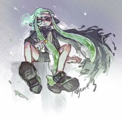 Rule 34 | 1girl, agent 3 (splatoon), black cape, black footwear, black jacket, black shorts, cape, character name, closed mouth, commentary request, full body, green hair, headphones, highres, inkling, inkling girl, inkling player character, jacket, long hair, nintendo, shoes, shorts, sitting, solo, splatoon (series), splatoon 2, splatoon 2: octo expansion, thenintlichen96
