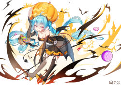 Rule 34 | 1girl, ahoge, artist name, bare shoulders, basket, bat (animal), bat wings, black gloves, black thighhighs, blue hair, boots, breasts, candy, choker, cleavage, collarbone, elbow gloves, floating hair, food, full body, gloves, hair between eyes, halloween, hatsune miku, high heels, highres, jack-o&#039;-lantern, long hair, open mouth, polearm, qys3, red eyes, small breasts, solo, thigh boots, thighhighs, trident, twintails, very long hair, vocaloid, weapon, white background, wings